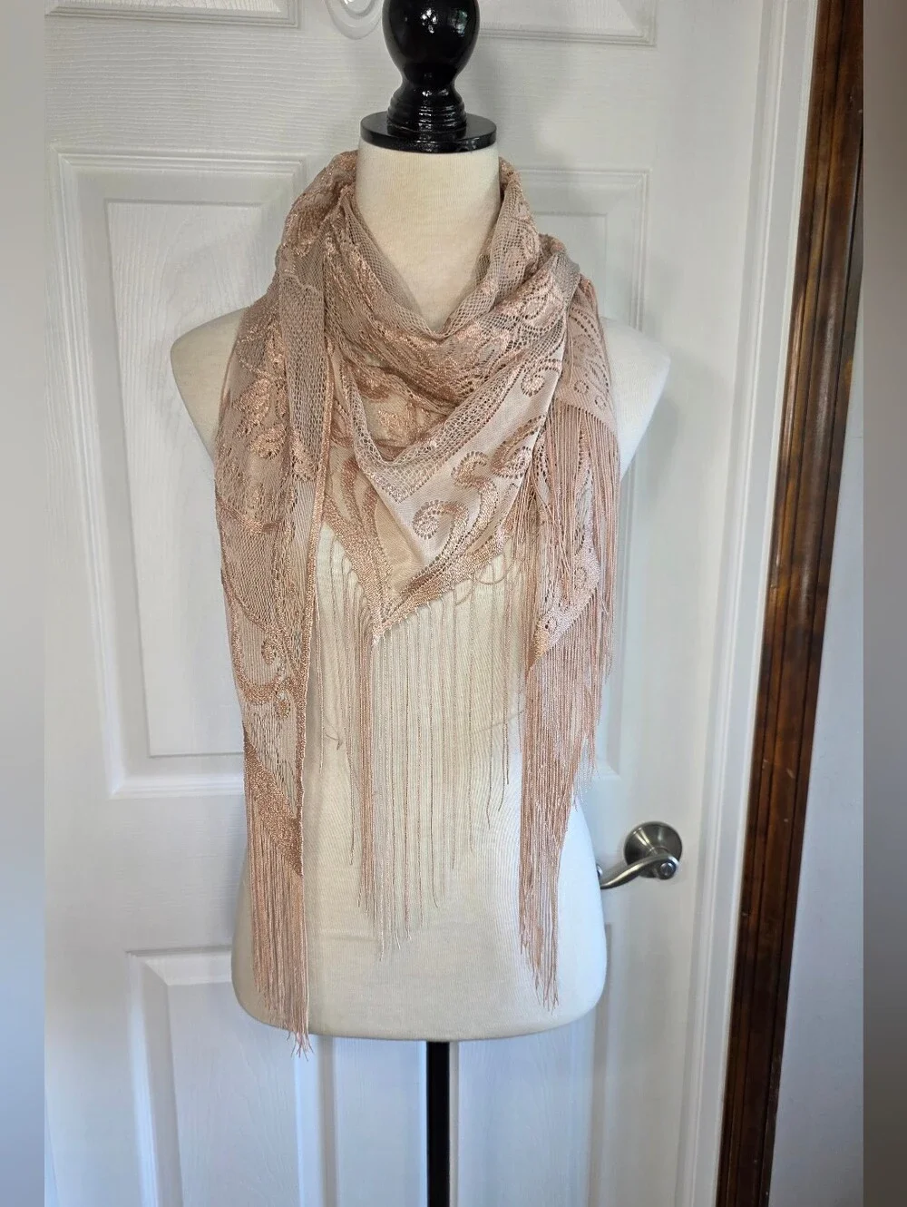 Floral Lace Fringe Shawl Scarf Wrap in Cream Blush Beige